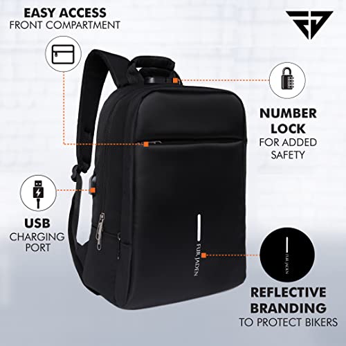 FUR JADEN Anti Theft Number Lock Backpack Bag with 15.6 Inch Laptop Compartment, USB Charging Port & Organizer Pocket for Men Women Boys Girls (Black)