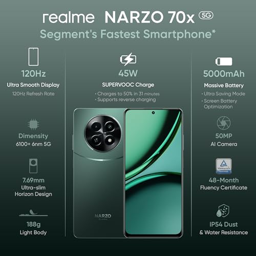 realme NARZO 70x 5G (Forest Green, 6GB RAM,128GB Storage| 120Hz Ultra Smooth Display | Dimensity 6100+ 6nm 5G | 50MP AI Camera | 45W Charger in The Box