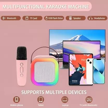 K12 Mini Bluetooth Karaoke Speaker - Dual Wireless Mics, Magic Sound, RGB Lights (Blue)