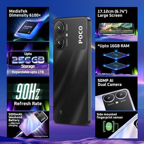 POCO M6 5G (Galactic Black, 8GB RAM, 256GB Storage) | MediaTek Dimensity 6100+ 5G Processor | 5000 mAh Battery + 18W Fast Charging | 50 MP AI Dual-Camera System & Side Fingerprint Sensor