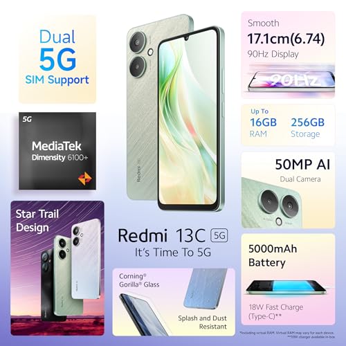 Redmi 13C 5G (Startrail Green, 4GB RAM, 128GB Storage) | MediaTek Dimensity 6100+ 5G | 90Hz Display
