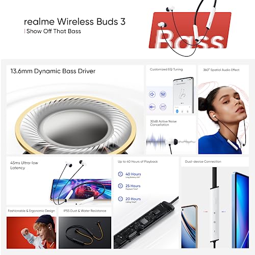 realme Buds Wireless 3 in-Ear Bluetooth Headphones,30dB ANC, Spatial Audio,13.6mm Dynamic Bass Driver,Upto 40 Hours Playback, Fast Charging, 45ms Low Latency for Gaming,Dual Device Connection (Black)