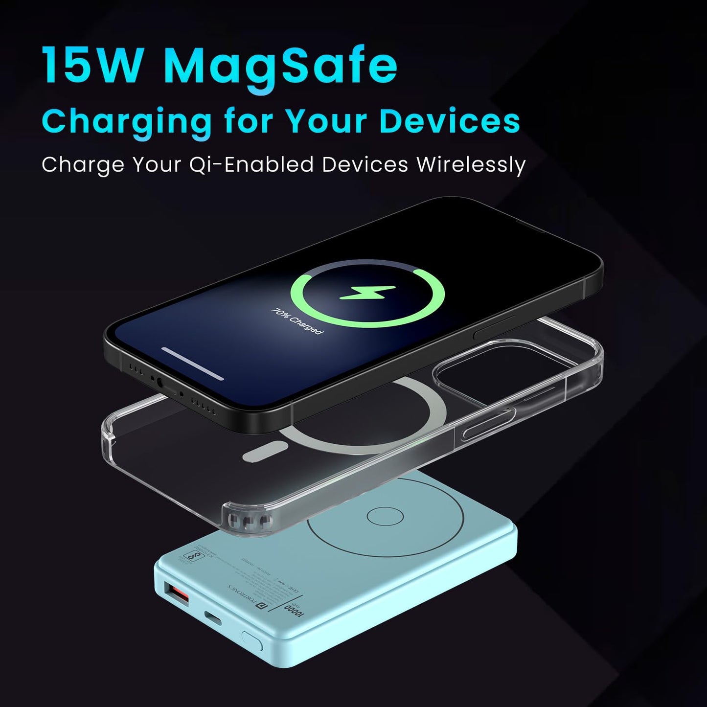 Portronics Luxcell Wireless Mini 10k 10000mAh 15W Magnetic Wireless Fast Charging Smallest Power Bank with 22.5 Wired Output Compatible with iPhone 12 & above & Other QI enabled Devices(Light Blue)