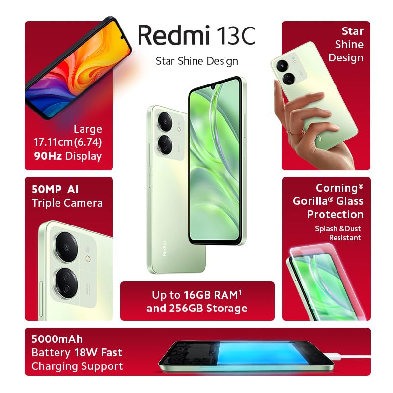 Redmi 13C (Starshine Green, 4GB RAM, 128GB Storage) | Powered by 4G MediaTek Helio G85 | 90Hz Display | 50MP AI Triple Camera