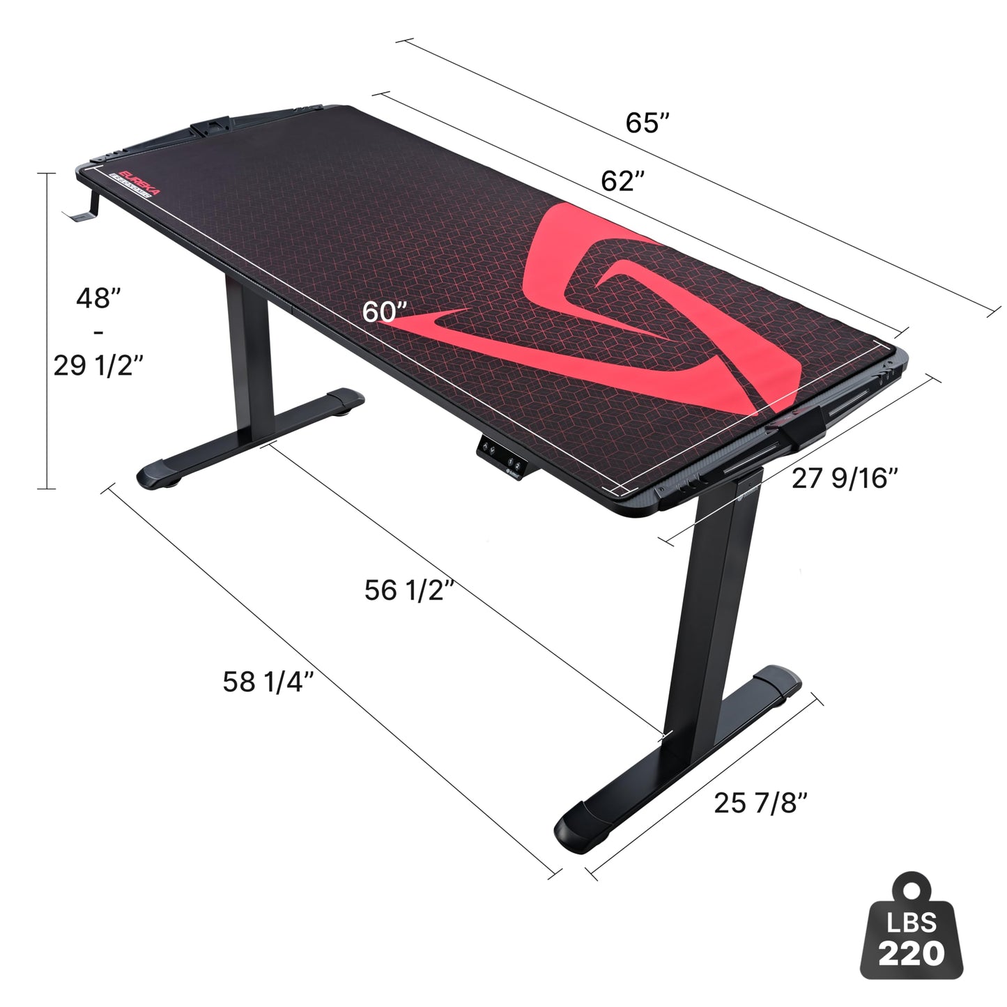 EUREKA ERGONOMIC Electric Standing Height Adjustable Gaming Computer Home Office Metal Desk with RGB LED Lights with Gaming Style Design, Dual Motor with Self-Locking Protection, Black, 65 inch