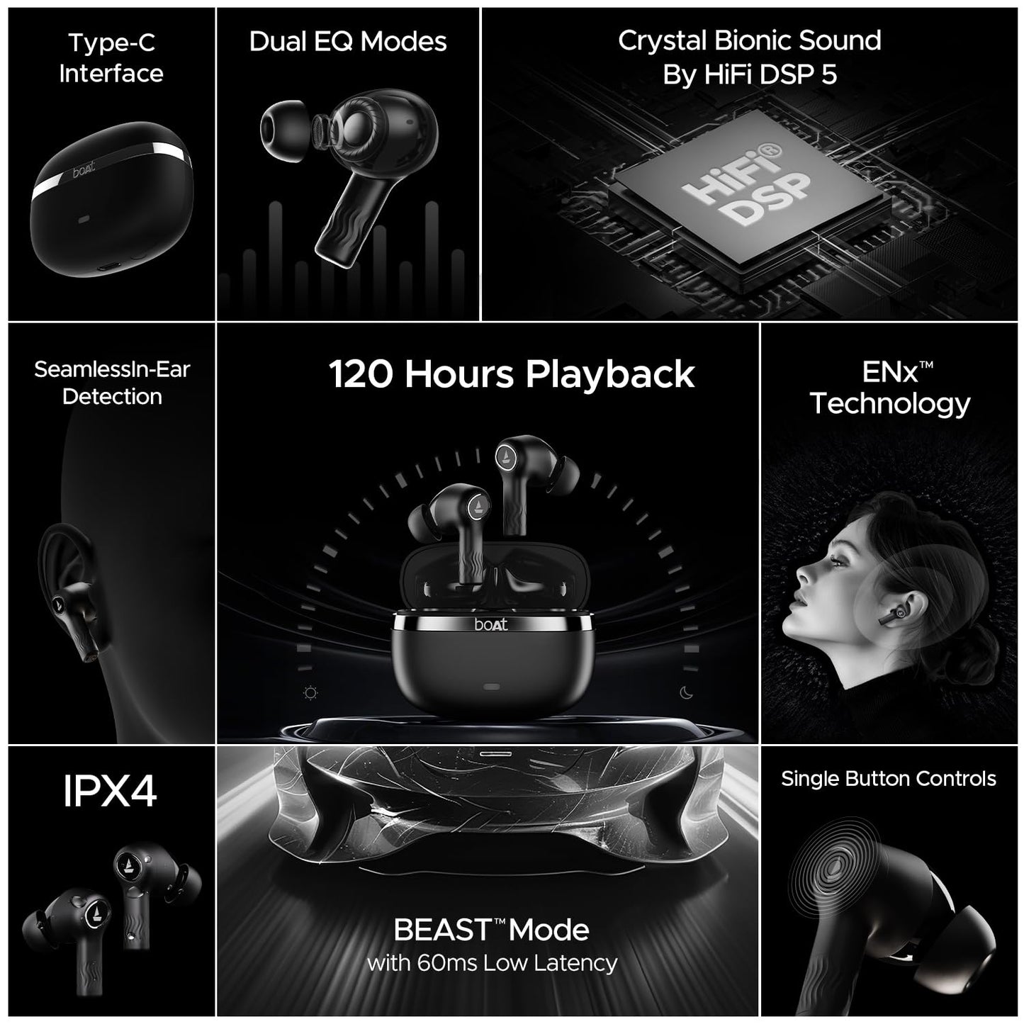 boAt Nirvana Ion Truly Wireless in Ear Ear Buds w/ 120 HRS Playback(24hrs/Charge), Crystal Bionic Sound w/Dual EQ Modes, Quad Mics ENx™ Technology, in Ear Detection(Charcoal Black)