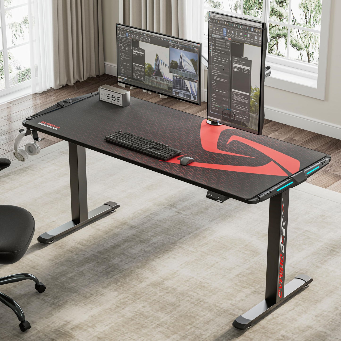 EUREKA ERGONOMIC Electric Standing Height Adjustable Gaming Computer Home Office Metal Desk with RGB LED Lights with Gaming Style Design, Dual Motor with Self-Locking Protection, Black, 65 inch