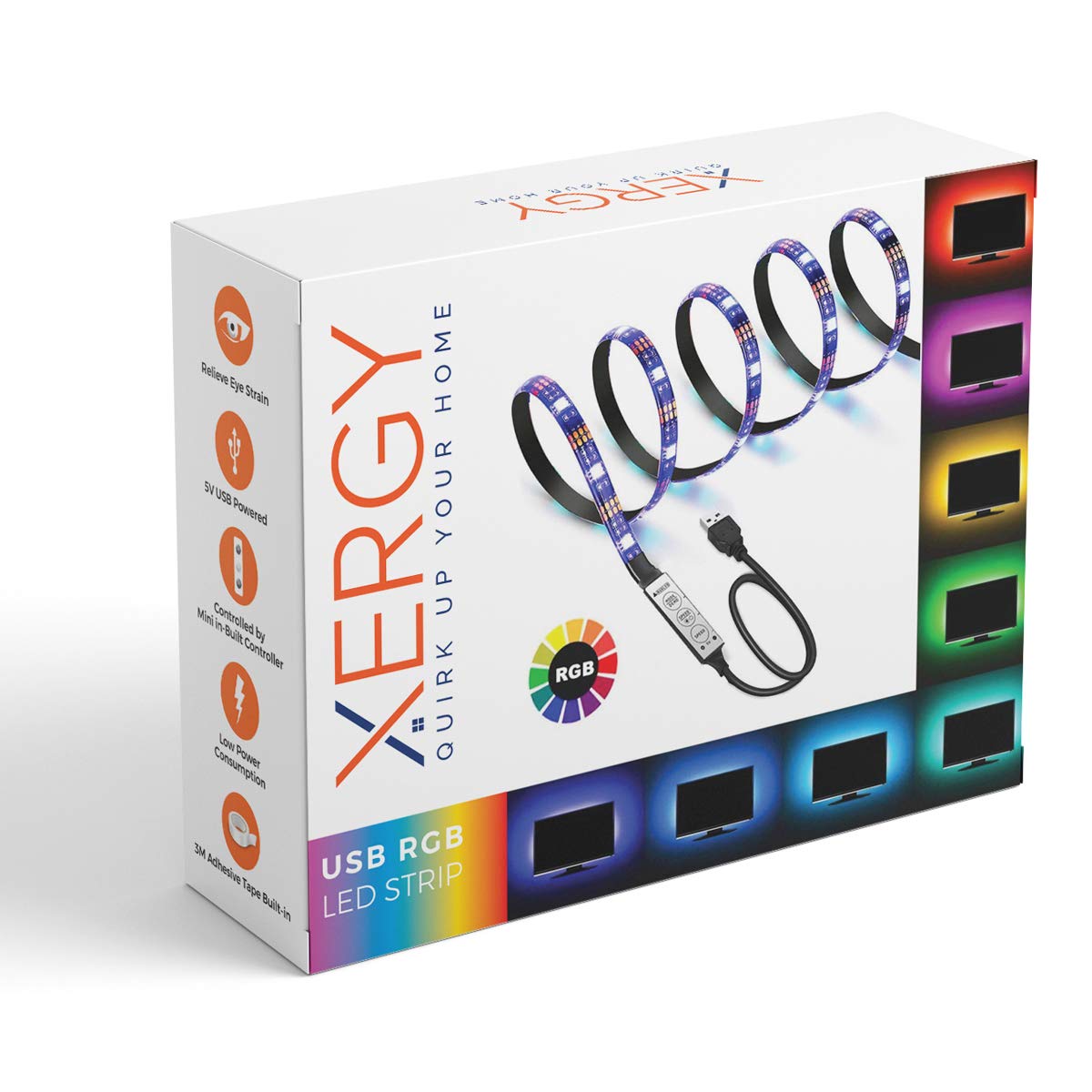 XERGY USB 5V 5050 RGB LED Flexible Strip Light Multi-Color Changing Lighting K-it Background Lighting with Mini Controller for TV PC Laptop Bias Lighting (2 Meter for 32-40" TV's) Vortex