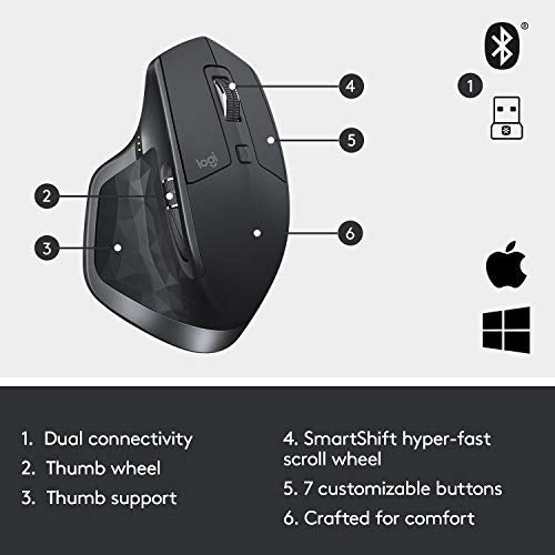 Logitech MX Master 2S Bluetooth Edition Wireless Mouse, Multi-Surface, Hyper-Fast Scrolling, Ergonomic, Rechargeable, Connects Up to 3 Mac/PC Computers