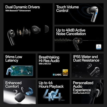 OnePlus Buds 3 in Ear TWS Bluetooth Earbuds with Upto 49dB Smart Adaptive Noise Cancellation,Hi-Res Sound Quality,Sliding Volume Control,10mins for 7Hours Fast Charging with Upto 44Hrs Playback(Gray)