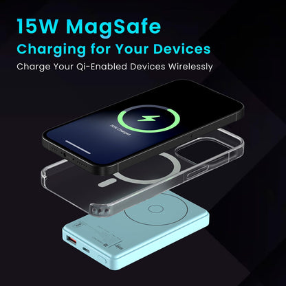 Portronics Luxcell Wireless Mini 10k 10000mAh 15W Magnetic Wireless Fast Charging Smallest Power Bank with 22.5 Wired Output Compatible with iPhone 12 & above & Other QI enabled Devices(Light Blue)