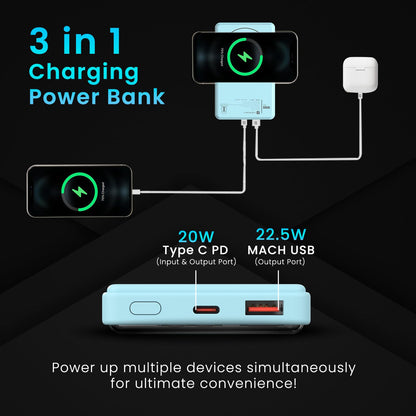 Portronics Luxcell Wireless Mini 10k 10000mAh 15W Magnetic Wireless Fast Charging Smallest Power Bank with 22.5 Wired Output Compatible with iPhone 12 & above & Other QI enabled Devices(Light Blue)