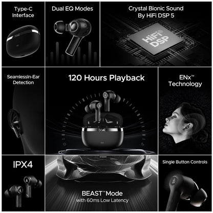 boAt Nirvana Ion Truly Wireless in Ear Ear Buds w/ 120 HRS Playback(24hrs/Charge), Crystal Bionic Sound w/Dual EQ Modes, Quad Mics ENx™ Technology, in Ear Detection(Charcoal Black)