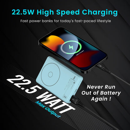Portronics Luxcell Wireless Mini 10k 10000mAh 15W Magnetic Wireless Fast Charging Smallest Power Bank with 22.5 Wired Output Compatible with iPhone 12 & above & Other QI enabled Devices(Light Blue)