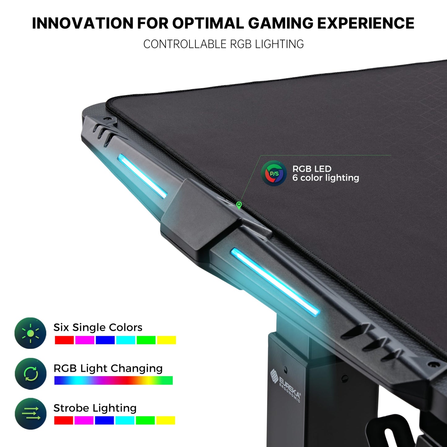 EUREKA ERGONOMIC Electric Standing Height Adjustable Gaming Computer Home Office Metal Desk with RGB LED Lights with Gaming Style Design, Dual Motor with Self-Locking Protection, Black, 65 inch
