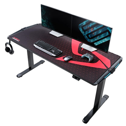 EUREKA ERGONOMIC Electric Standing Height Adjustable Gaming Computer Home Office Metal Desk with RGB LED Lights with Gaming Style Design, Dual Motor with Self-Locking Protection, Black, 65 inch