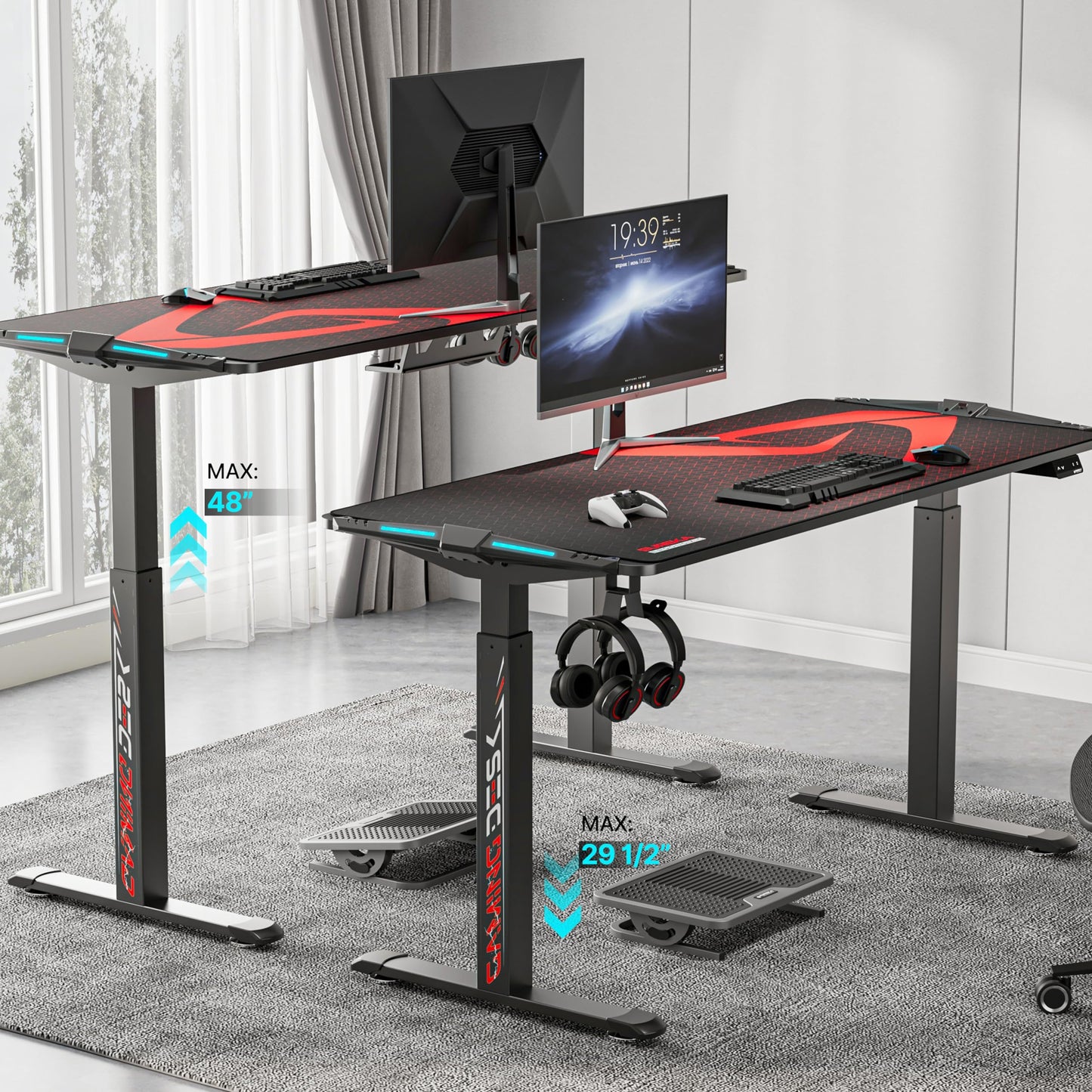 EUREKA ERGONOMIC Electric Standing Height Adjustable Gaming Computer Home Office Metal Desk with RGB LED Lights with Gaming Style Design, Dual Motor with Self-Locking Protection, Black, 65 inch