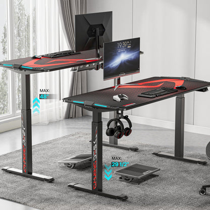 EUREKA ERGONOMIC Electric Standing Height Adjustable Gaming Computer Home Office Metal Desk with RGB LED Lights with Gaming Style Design, Dual Motor with Self-Locking Protection, Black, 65 inch