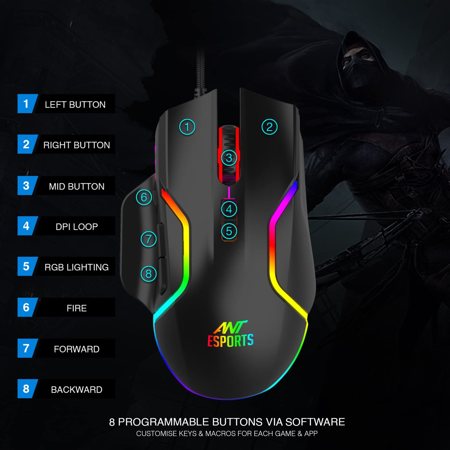 Ant Esports GM320 RGB Gaming Mouse | 8 Buttons | 12800 DPI | Black Vortex