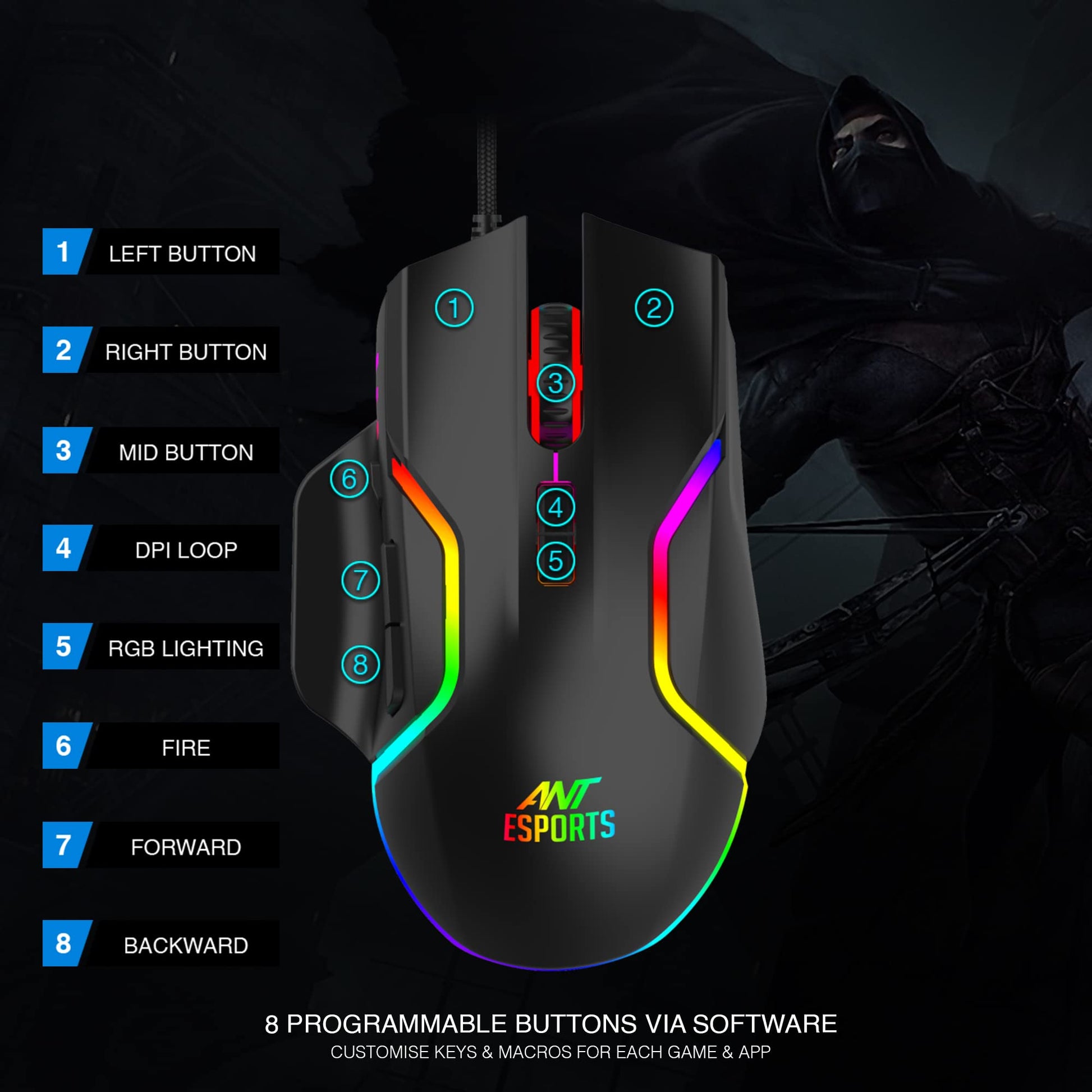 Ant Esports GM320 RGB Gaming Mouse | 8 Buttons | 12800 DPI | Black Vortex