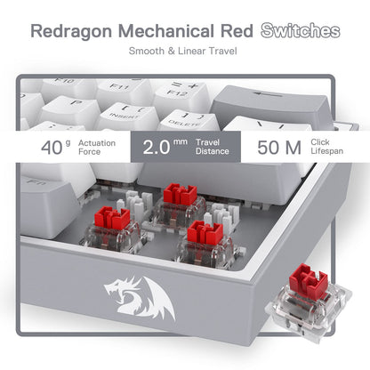 Redragon K617 Fizz 60% Wired RGB Gaming Keyboard - 61 Keys, White/Grey Keycaps, Linear Red Switch, Software Supported Vortex