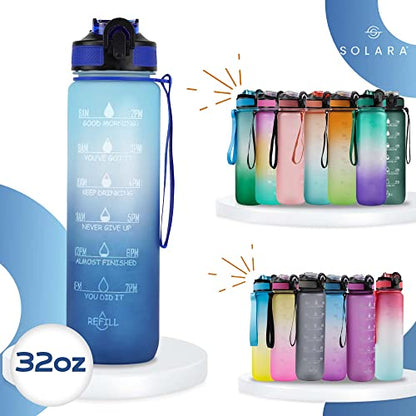 SOLARA Sipper Water Bottle with Motivational Time Marker, Sipper Bottle with Straw for Gym Office,Detoxing ebook Included | Blue Wave Vortex