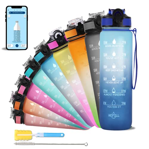 SOLARA Sipper Water Bottle with Motivational Time Marker, Sipper Bottle with Straw for Gym Office,Detoxing ebook Included | Blue Wave Vortex