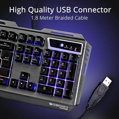 ZEBRONICS Transformer-k USB Gaming Keyboard with Multicolor LED Effect,Durable Al Body,Gold Plated USB,Braided Cable Vortex