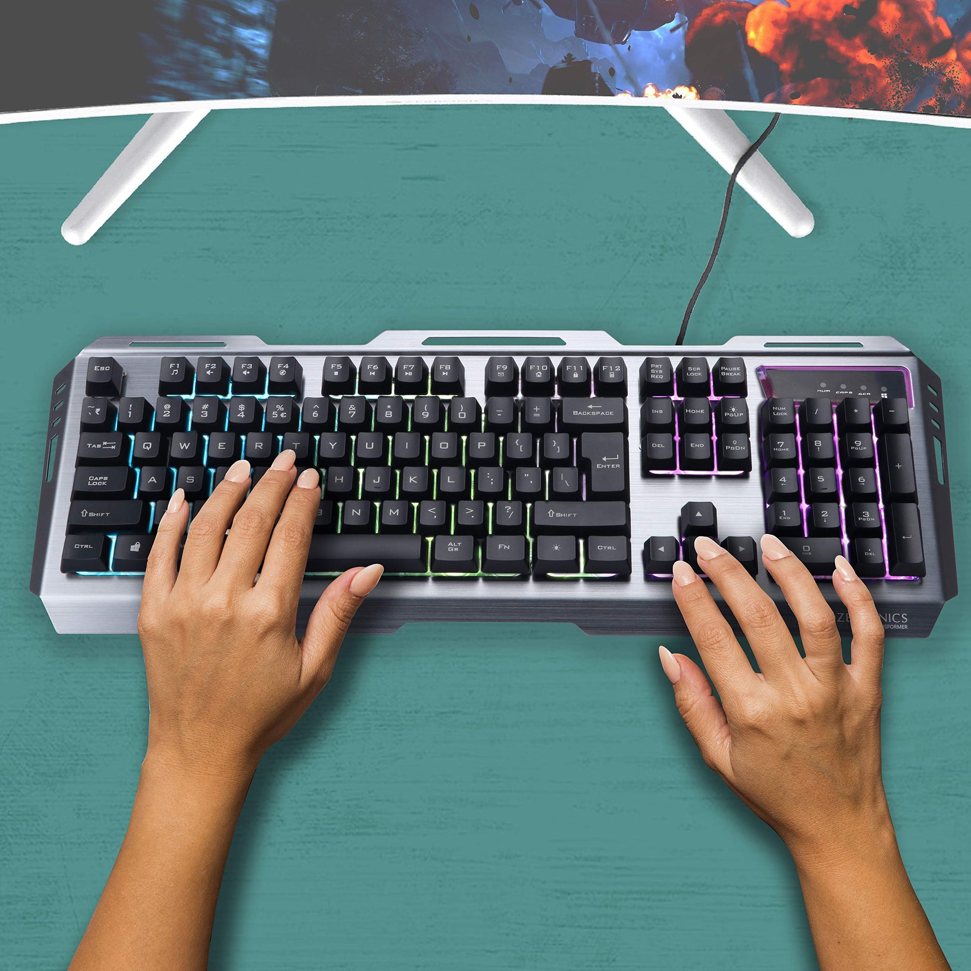 ZEBRONICS Transformer-k USB Gaming Keyboard with Multicolor LED Effect,Durable Al Body,Gold Plated USB,Braided Cable Vortex